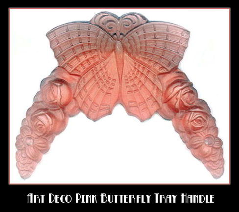 2 CZECH DECO VANITY TRAY PINK BUTTERFLY HANDLES