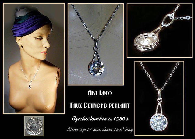 ART DECO FAUX DIAMOND PENDANT WITH CHAIN CJ-7