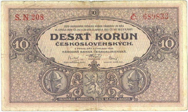 ORIGINAL 1920 MUCHA DESIGN 10 KORUN BANKNOTE