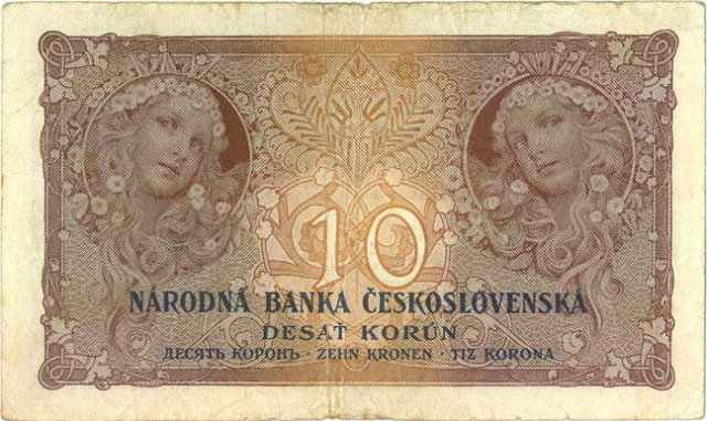 ORIGINAL 1920 MUCHA DESIGN 10 KORUN BANKNOTE