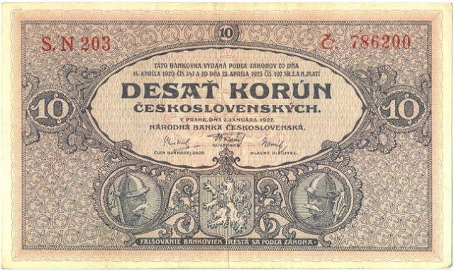 ORIGINAL 1920 MUCHA DESIGN 10 KORUN BANKNOTE