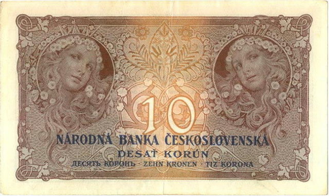 ORIGINAL 1920 MUCHA DESIGN 10 KORUN BANKNOTE