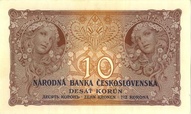ORIGINAL 1920 MUCHA DESIGN 10 KORUN BANKNOTE