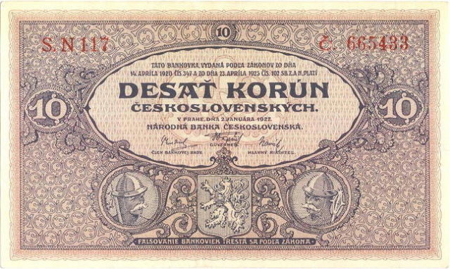 ORIGINAL 1920 MUCHA DESIGN 10 KORUN BANKNOTE