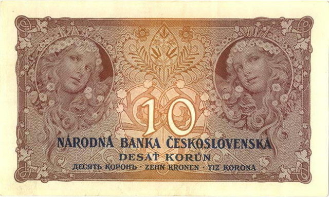 ORIGINAL 1920 MUCHA DESIGN 10 KORUN BANKNOTE