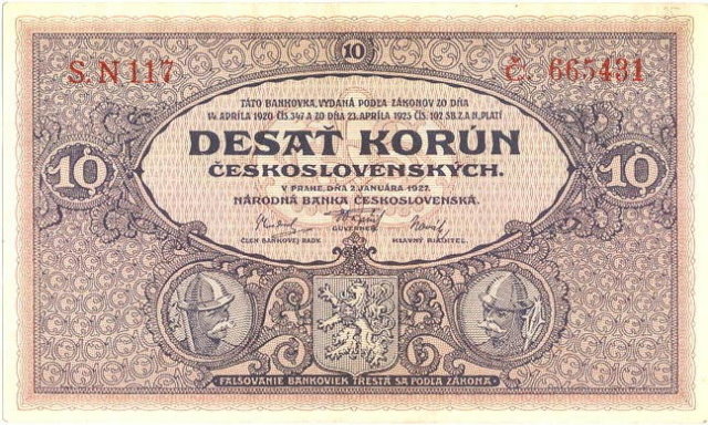 ORIGINAL 1920 MUCHA DESIGN 10 KORUN BANKNOTE