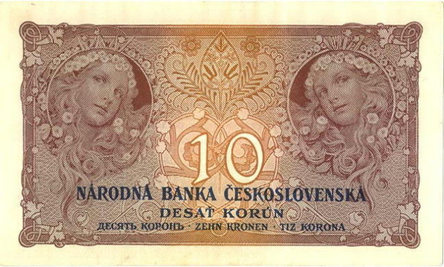 ORIGINAL 1920 MUCHA DESIGN 10 KORUN BANKNOTE
