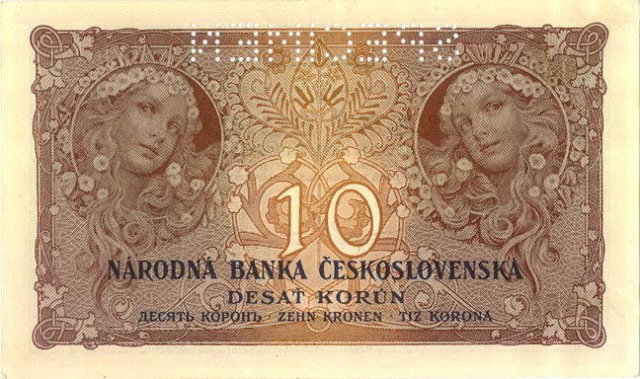 ORIGINAL 1920 MUCHA DESIGN 10 KORUN BANKNOTE