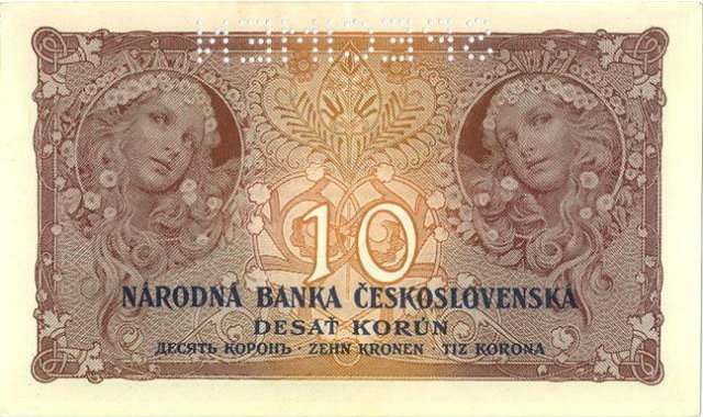 ORIGINAL 1920 MUCHA DESIGN 10 KORUN BANKNOTE