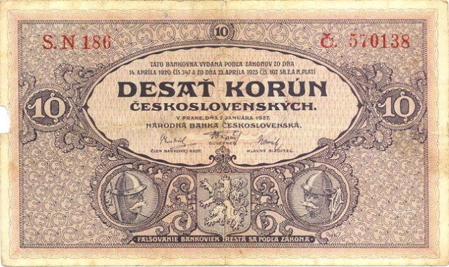 ORIGINAL 1920 MUCHA DESIGN 10 KORUN BANKNOTE