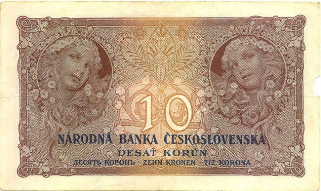 ORIGINAL 1920 MUCHA DESIGN 10 KORUN BANKNOTE