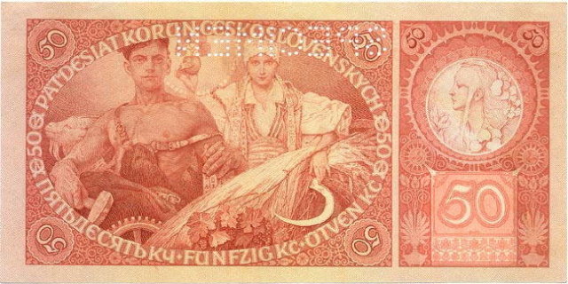 ORIGINAL 1920 MUCHA DESIGN 50 KORUN BANKNOTE