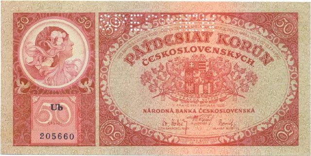 ORIGINAL 1920 MUCHA DESIGN 50 KORUN BANKNOTE