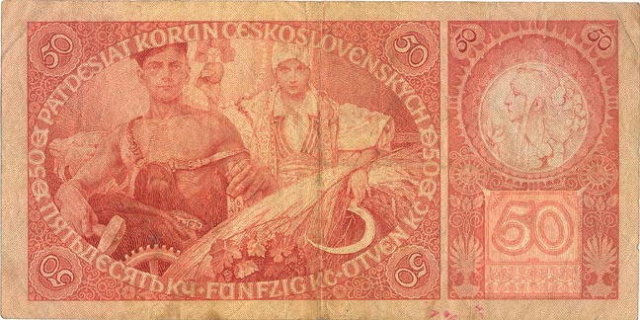 ORIGINAL 1920 MUCHA DESIGN 50 KORUN BANKNOTE