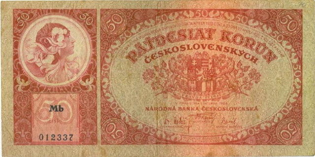 ORIGINAL 1920 MUCHA DESIGN 50 KORUN BANKNOTE