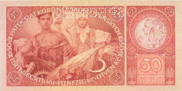 ORIGINAL 1920 MUCHA DESIGN 50 KORUN BANKNOTE