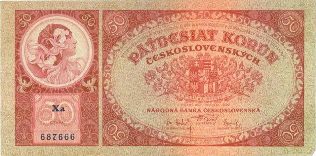 ORIGINAL 1920 MUCHA DESIGN 50 KORUN BANKNOTE