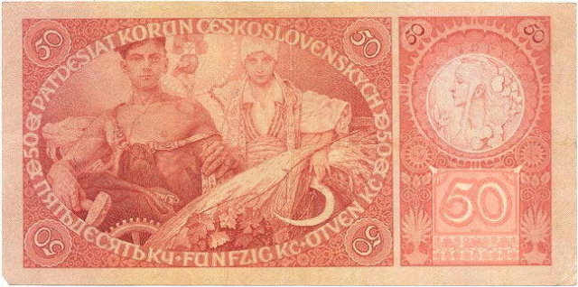 ORIGINAL 1920 MUCHA DESIGN 50 KORUN BANKNOTE