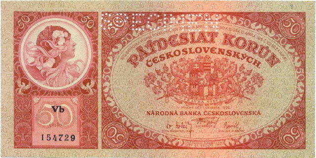 ORIGINAL 1920 MUCHA DESIGN 50 KORUN BANKNOTE