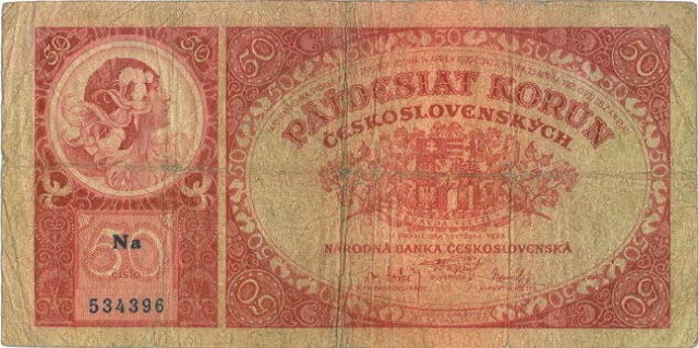 ORIGINAL 1920 MUCHA DESIGN 50 KORUN BANKNOTE