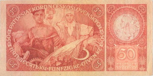 ORIGINAL 1920 MUCHA DESIGN 50 KORUN BANKNOTE