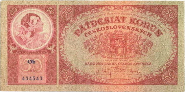 ORIGINAL 1920 MUCHA DESIGN 50 KORUN BANKNOTE