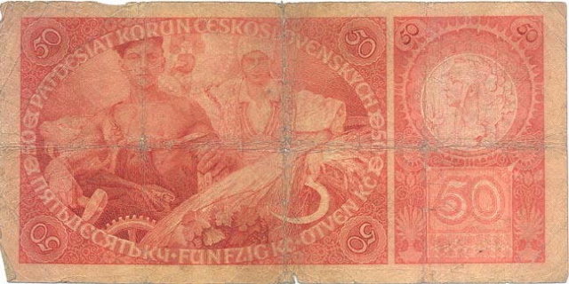 ORIGINAL 1920 MUCHA DESIGN 50 KORUN BANKNOTE