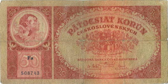 ORIGINAL 1920 MUCHA DESIGN 50 KORUN BANKNOTE