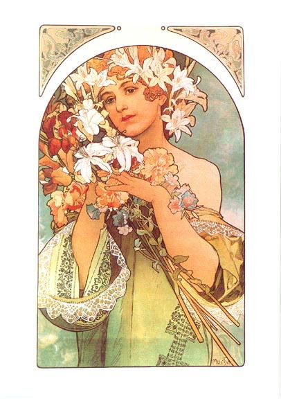 MUCHA FRUITS / FLOWERS LARGE FOLD POSTCARD