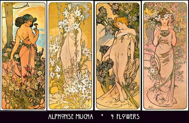 4 VINTAGE MUCHA ART NOUVEAU POSTERS 4 FLOWERS