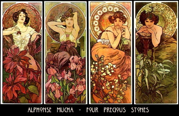 4 VINT MUCHA ART NOUVEAU POSTER PRECIOUS STONES