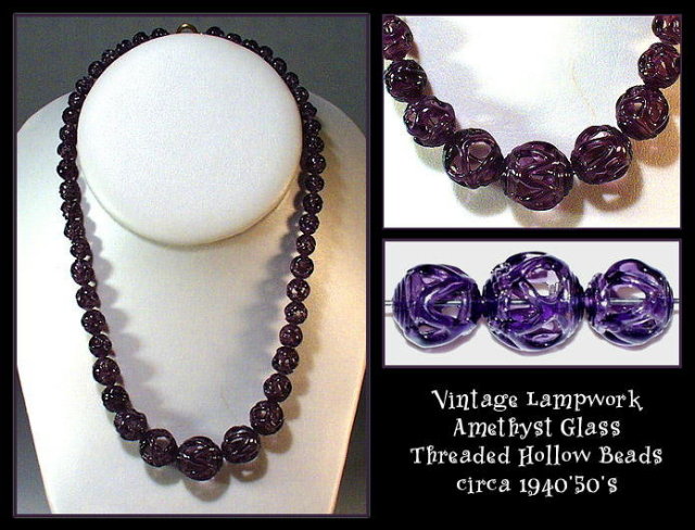 47 VINTAGE HOLLOW LAMPWORK PURPLE GLASS BEADS