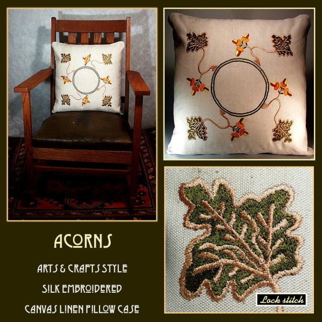 ARTS & CRAFTS EMBROIDERED ACORNS PILLOW