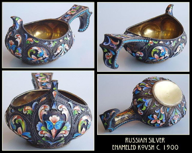 ANTIQUE IMPERIAL RUSSIAN SILVER ENAMELLED KOVSH