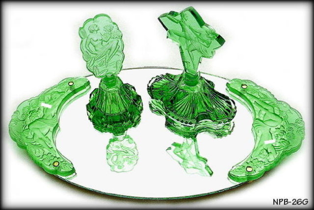 2 CZECH ART DECO GREEN NYMPH HANDLES for vanity