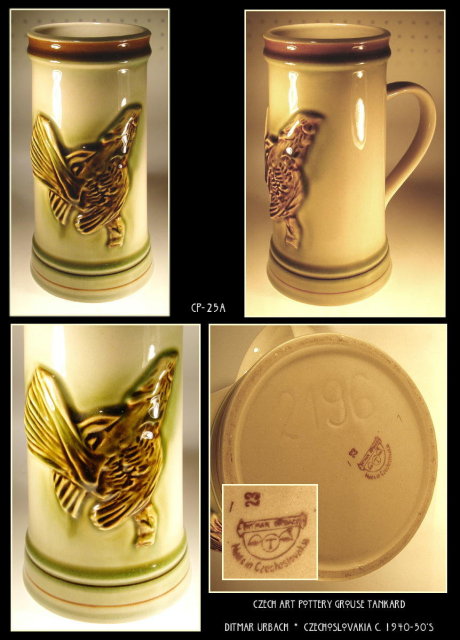 CZECH ART POTTERY D. URBACH GROUSE BEER STEIN