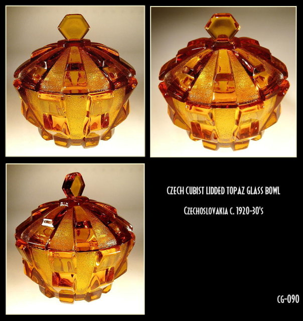 CZECH CUBIST (CUBISM) LIDDED TOPAZ GLASS BOWL