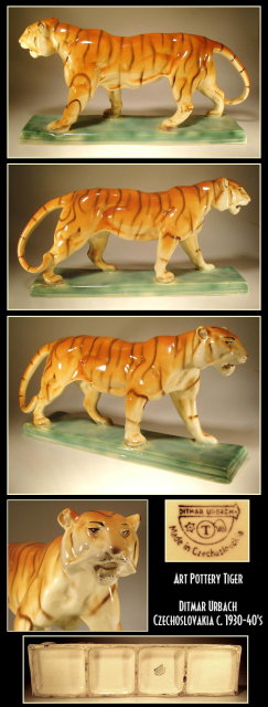 CZECH ART POTTERY D. URBACH TIGER FIGURINE