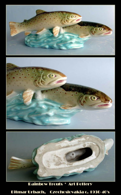 CZECH VINTAGE D. URBACH POTTERY RAINBOW TROUTS