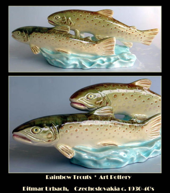 CZECH VINTAGE D. URBACH POTTERY RAINBOW TROUTS
