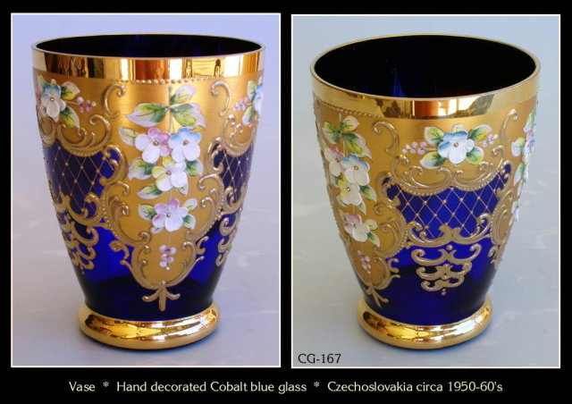 VINTAGE CZECH COBALT BLUE ENAMELED GLASS VASE