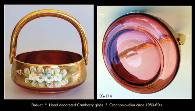 CZECH VINTAGE ENAMELED CRANBERRY GLASS BASKET
