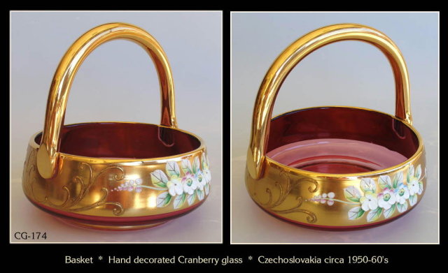 CZECH VINTAGE ENAMELED CRANBERRY GLASS BASKET