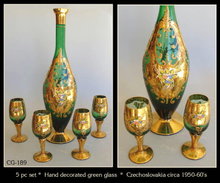 CZECH 1930's ENAMELED GREEN GLASS DECANTER SET