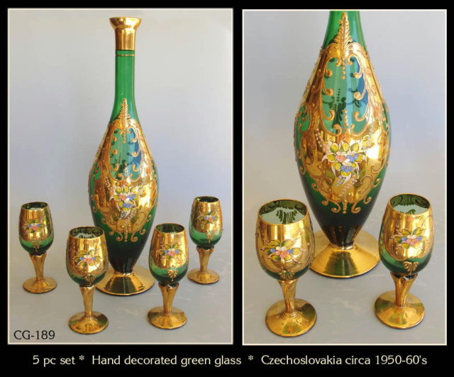 CZECH 1930's ENAMELED GREEN GLASS DECANTER SET