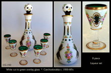 CZECH VINT WHITE CUT TO GREEN GLASS LIQUEUR SET