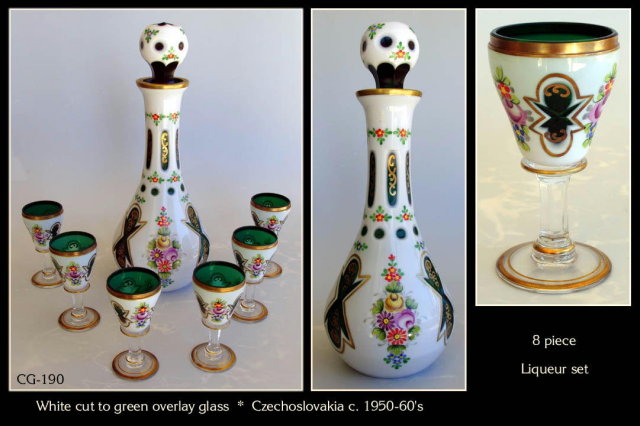 CZECH VINT WHITE CUT TO GREEN GLASS LIQUEUR SET