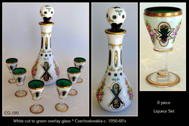 CZECH VINT WHITE CUT TO GREEN GLASS LIQUEUR SET