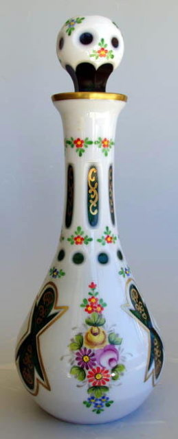 CZECH VINT WHITE CUT TO GREEN GLASS LIQUEUR SET