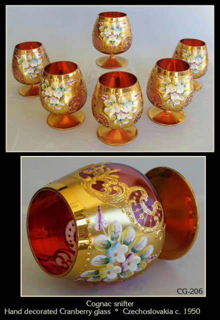 (6) CZECH ENAMELED CRANBERRY GLASS COGNAC